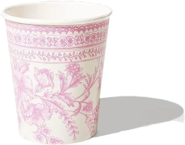 Main image of Coterie Pink Toile Paper Cups (Set of 10) - Decorative & Durable Disposable Cups for Bridal Party, Birthday Party, Baby Shower, Tea Party, Spring & Summer Gatherings | 9oz Paper Party Cups