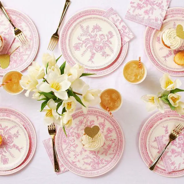 Alt view image 2 of 5 - Coterie Pink Toile Paper Cups (Set of 10) - Decorative & Durable Disposable Cups for Bridal Party, Birthday Party, Baby Shower, Tea Party, Spring & Summer Gatherings | 9oz Paper Party Cups