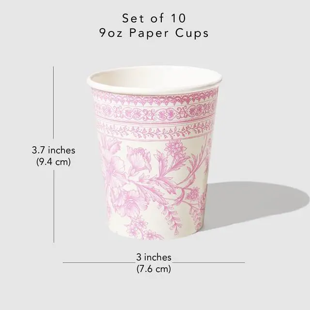 Alt view image 3 of 5 - Coterie Pink Toile Paper Cups (Set of 10) - Decorative & Durable Disposable Cups for Bridal Party, Birthday Party, Baby Shower, Tea Party, Spring & Summer Gatherings | 9oz Paper Party Cups