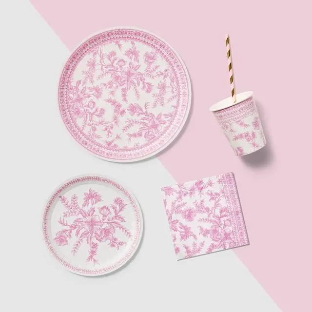 Alt view image 5 of 5 - Coterie Pink Toile Paper Cups (Set of 10) - Decorative & Durable Disposable Cups for Bridal Party, Birthday Party, Baby Shower, Tea Party, Spring & Summer Gatherings | 9oz Paper Party Cups