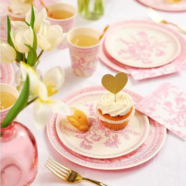 Alt view image 4 of 5 - Coterie Pink Toile Paper Cups (Set of 10) - Decorative & Durable Disposable Cups for Bridal Party, Birthday Party, Baby Shower, Tea Party, Spring & Summer Gatherings | 9oz Paper Party Cups