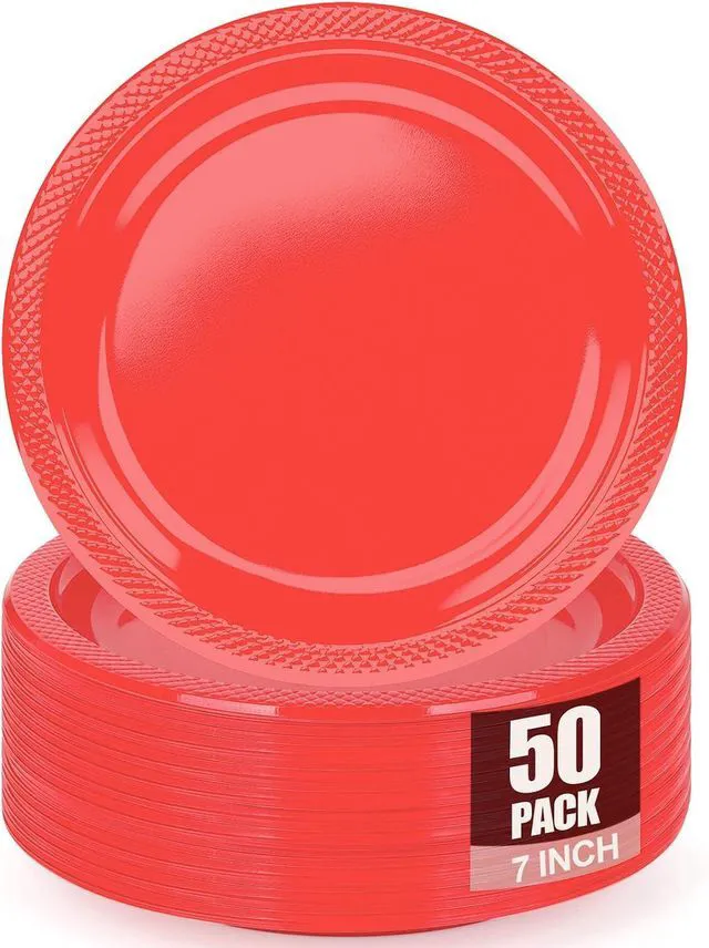 Main image of Red Plastic Plates for Party - 50 Guest 7" Dessert Plates - Disposable Plastic Tableware for Birthday,BBQ,Christmas