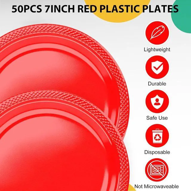 Alt view image 2 of 7 - Red Plastic Plates for Party - 50 Guest 7" Dessert Plates - Disposable Plastic Tableware for Birthday,BBQ,Christmas