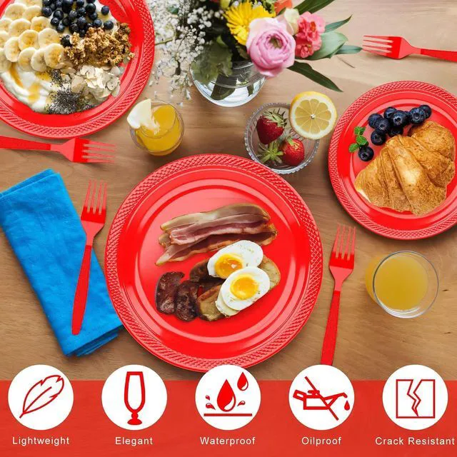 Alt view image 3 of 7 - Red Plastic Plates for Party - 50 Guest 7" Dessert Plates - Disposable Plastic Tableware for Birthday,BBQ,Christmas