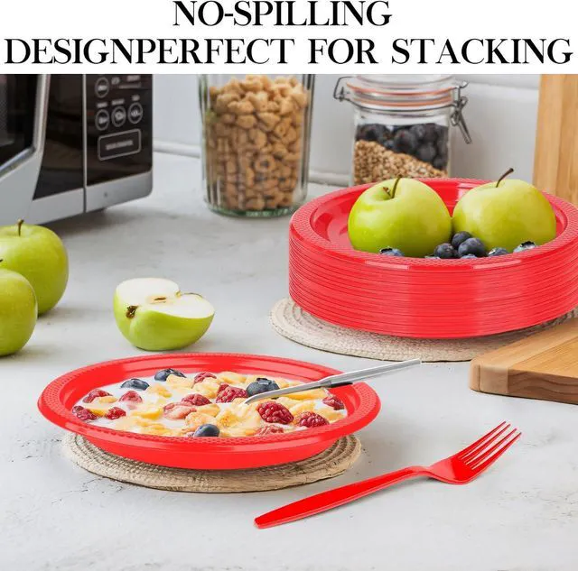 Alt view image 4 of 7 - Red Plastic Plates for Party - 50 Guest 7" Dessert Plates - Disposable Plastic Tableware for Birthday,BBQ,Christmas