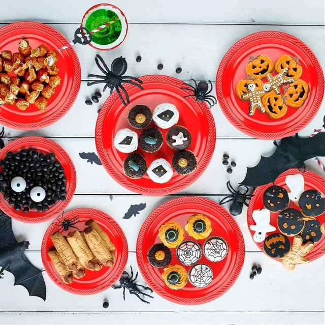 Alt view image 5 of 7 - Red Plastic Plates for Party - 50 Guest 7" Dessert Plates - Disposable Plastic Tableware for Birthday,BBQ,Christmas