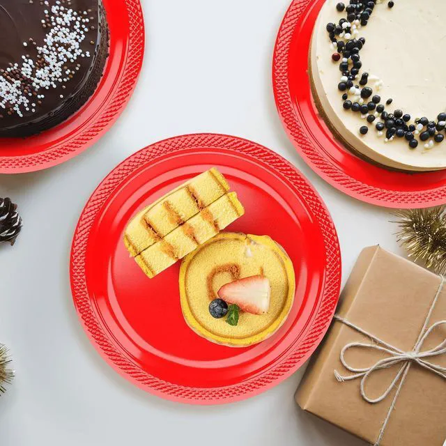 Alt view image 6 of 7 - Red Plastic Plates for Party - 50 Guest 7" Dessert Plates - Disposable Plastic Tableware for Birthday,BBQ,Christmas