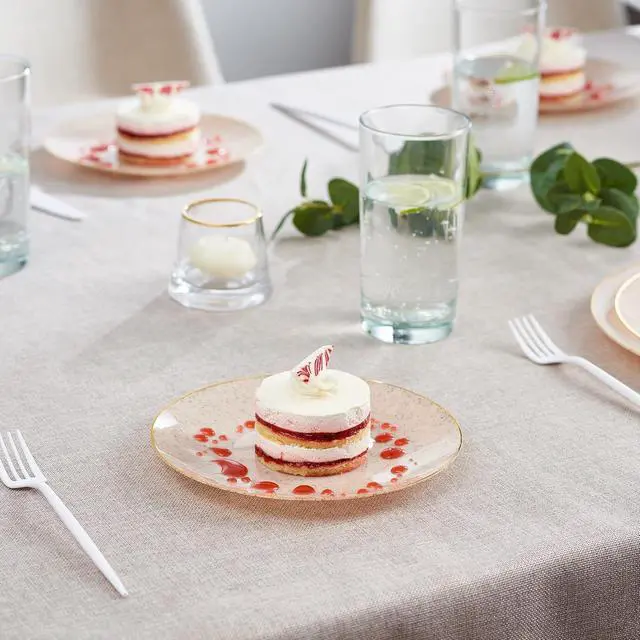 Alt view image 2 of 7 - PLASTICPRO 30 Pack Disposable Plastic Plates Heavyweight Granite Look Elegant 7 inch Dinner Plates Pink with Gold Rim