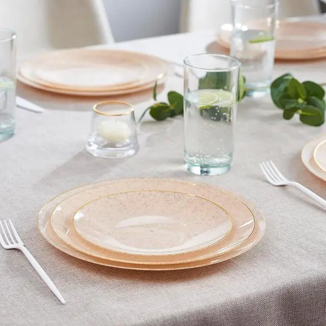 Alt view image 5 of 7 - PLASTICPRO 30 Pack Disposable Plastic Plates Heavyweight Granite Look Elegant 7 inch Dinner Plates Pink with Gold Rim