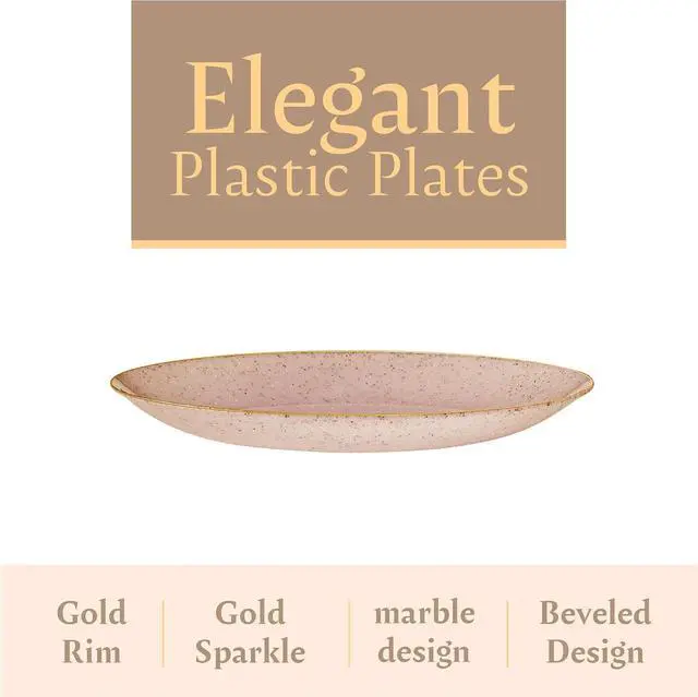 Alt view image 6 of 7 - PLASTICPRO 30 Pack Disposable Plastic Plates Heavyweight Granite Look Elegant 7 inch Dinner Plates Pink with Gold Rim