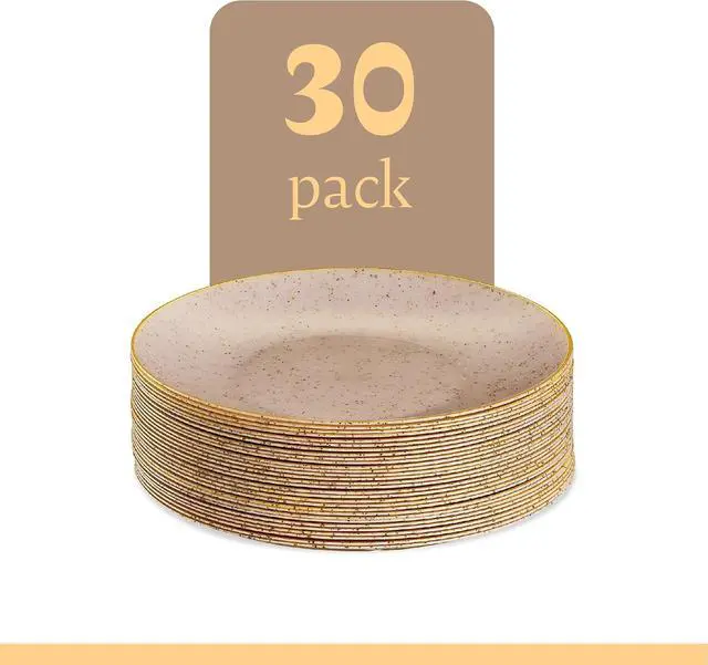 Alt view image 7 of 7 - PLASTICPRO 30 Pack Disposable Plastic Plates Heavyweight Granite Look Elegant 7 inch Dinner Plates Pink with Gold Rim