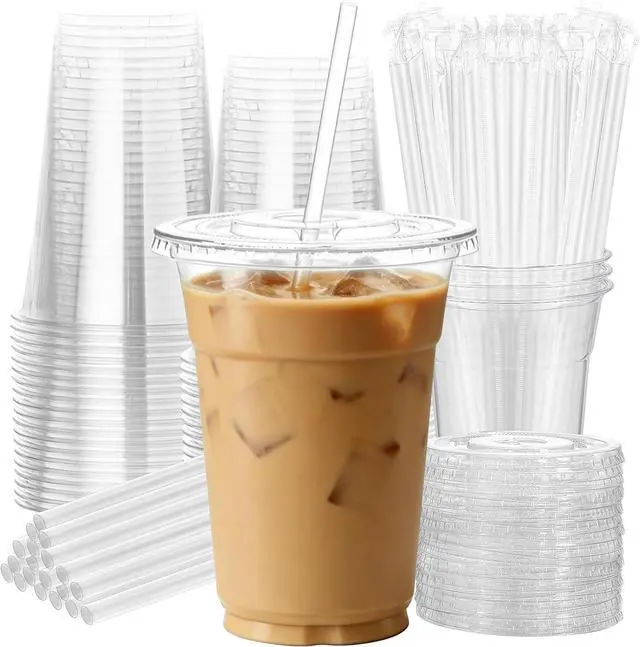 Main image of 25 Pack 16oz Leak-Proof Clear Plastic Cups with Lids and Straws