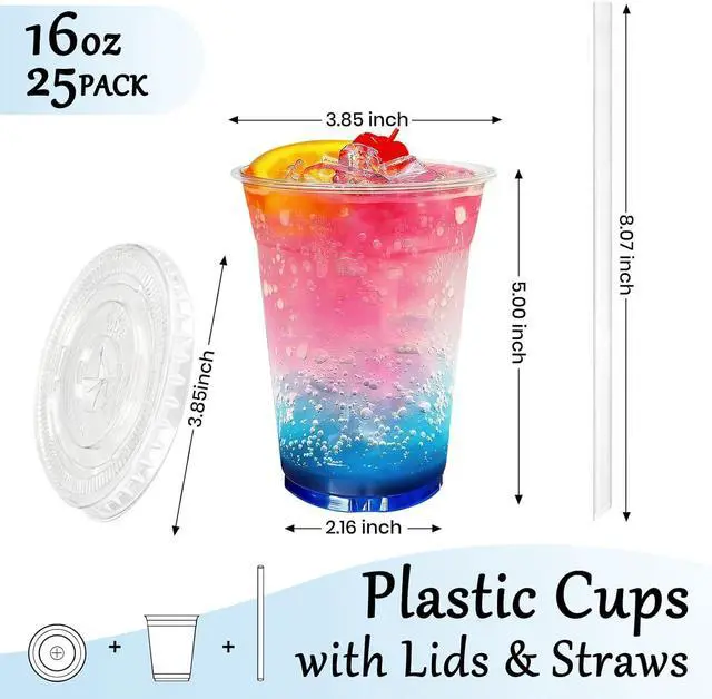Alt view image 2 of 7 - 25 Pack 16oz Leak-Proof Clear Plastic Cups with Lids and Straws