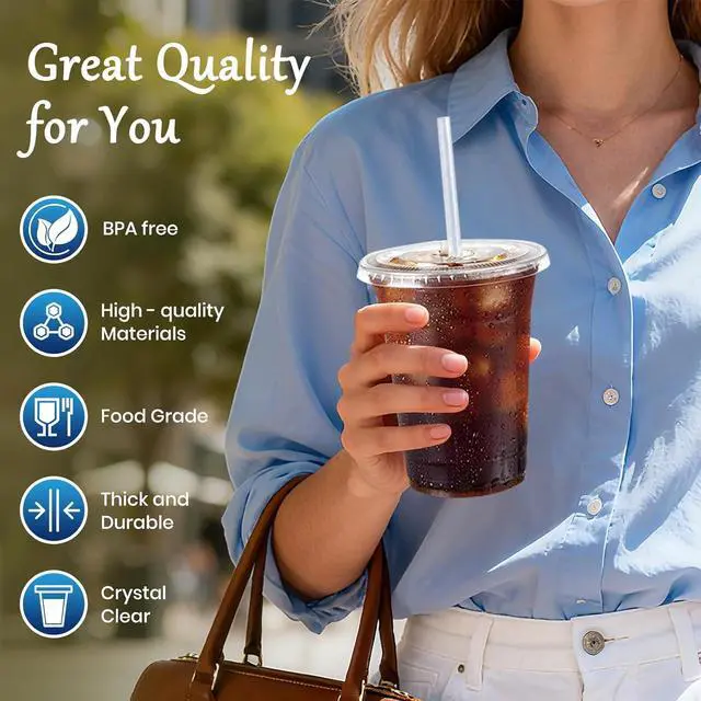 Alt view image 3 of 7 - 25 Pack 16oz Leak-Proof Clear Plastic Cups with Lids and Straws