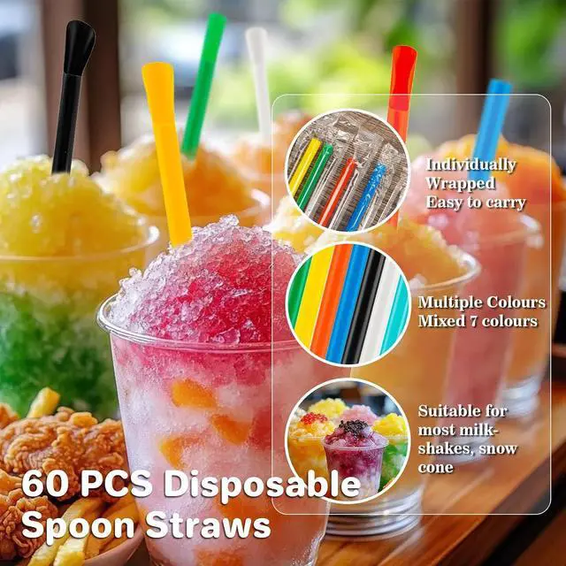 Alt view image 3 of 6 - RAINFLOW 60PCS Snow Cone Spoon Straws - Individually Wrapped Slushie Straws