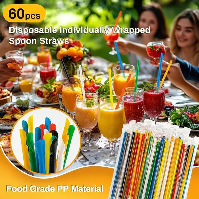 Alt view image 4 of 6 - RAINFLOW 60PCS Snow Cone Spoon Straws - Individually Wrapped Slushie Straws