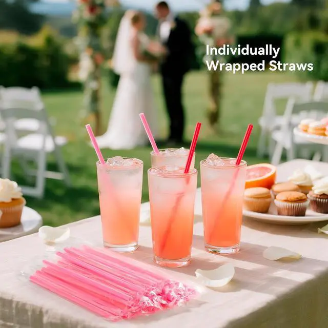 Alt view image 2 of 7 - 50 Pcs Red & Pink Heart Shaped Disposable Straws, Individually Wrapped