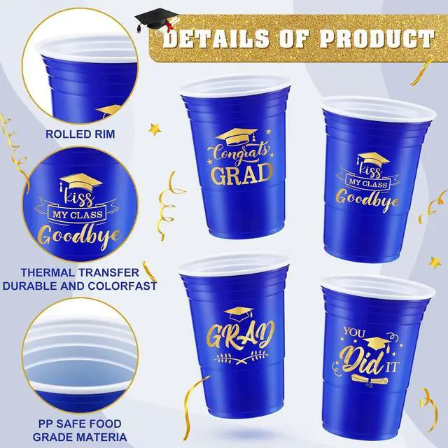 Alt view image 2 of 6 - Yinder 48 Pcs Disposable Graduation Party Plastic Cups, 16 oz Graduations Decorations 2026 Grad Stadium Cups, Hot Cold Drinks for Graduation Party Favors (Blue and Gold)
