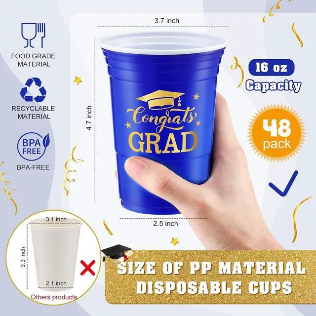 Alt view image 3 of 6 - Yinder 48 Pcs Disposable Graduation Party Plastic Cups, 16 oz Graduations Decorations 2026 Grad Stadium Cups, Hot Cold Drinks for Graduation Party Favors (Blue and Gold)