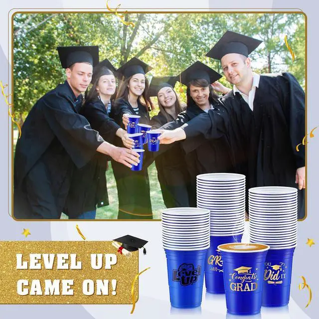 Alt view image 5 of 6 - Yinder 48 Pcs Disposable Graduation Party Plastic Cups, 16 oz Graduations Decorations 2026 Grad Stadium Cups, Hot Cold Drinks for Graduation Party Favors (Blue and Gold)