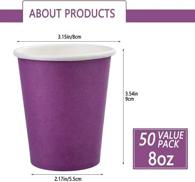 Alt view image 2 of 7 - 50 Pack 8oz Purple Paper Cups Disposable Paper Coffee Cups