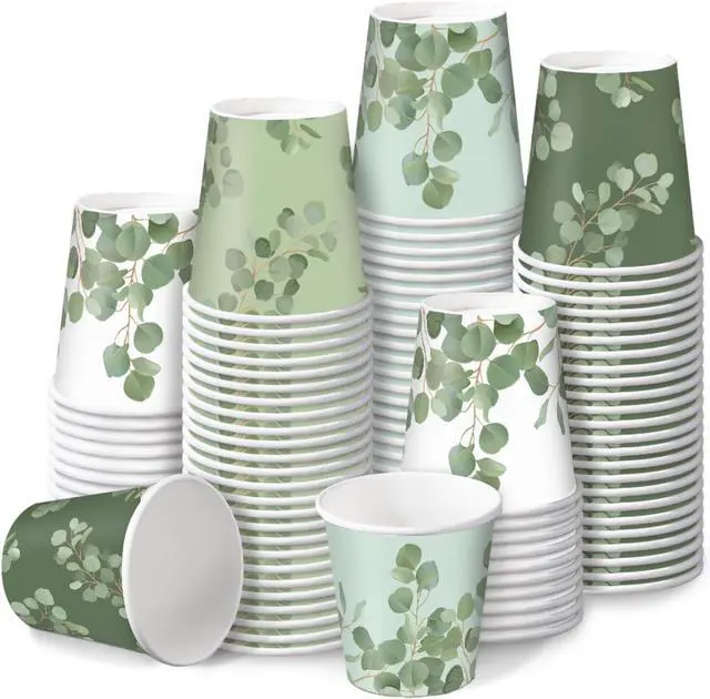 Main image of RUSPEPA 2 oz Bathroom Cups, Disposable Paper Cups - 100 Pack Set Eucalyptus Design Printed - Mini Mouthwash Rinse Paper Cups for Home, Bathroom, Picnic, Party, and Events