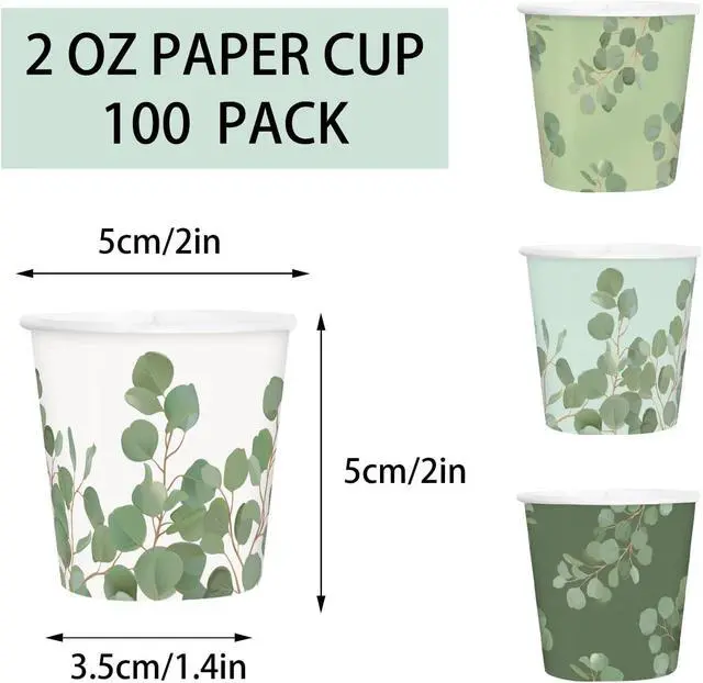 Alt view image 2 of 6 - RUSPEPA 2 oz Bathroom Cups, Disposable Paper Cups - 100 Pack Set Eucalyptus Design Printed - Mini Mouthwash Rinse Paper Cups for Home, Bathroom, Picnic, Party, and Events