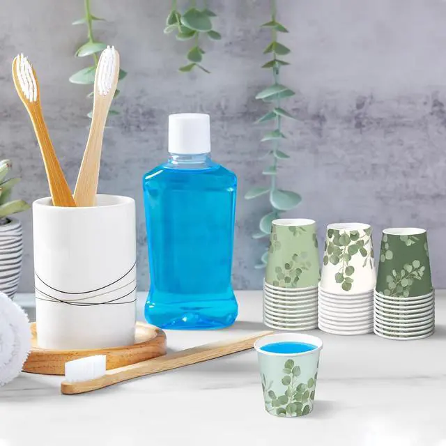Alt view image 3 of 6 - RUSPEPA 2 oz Bathroom Cups, Disposable Paper Cups - 100 Pack Set Eucalyptus Design Printed - Mini Mouthwash Rinse Paper Cups for Home, Bathroom, Picnic, Party, and Events