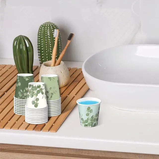 Alt view image 4 of 6 - RUSPEPA 2 oz Bathroom Cups, Disposable Paper Cups - 100 Pack Set Eucalyptus Design Printed - Mini Mouthwash Rinse Paper Cups for Home, Bathroom, Picnic, Party, and Events
