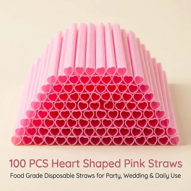 Alt view image 2 of 7 - 100 Pcs Heart Straws Disposable Plastic Straw Pink straws Individually Wrapped Valentines Day Cocktail Birthday Party Bridal Shower Wedding Supplies hello kitty party decorations