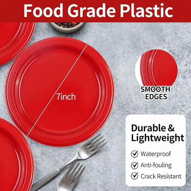Alt view image 2 of 7 - 50 PCS Red Plastic Plates, 7 Inch Disposable Dessert Plates Cake Plates for Wedding Birthday Christmas Party Supplies (Red, 7 Inch)