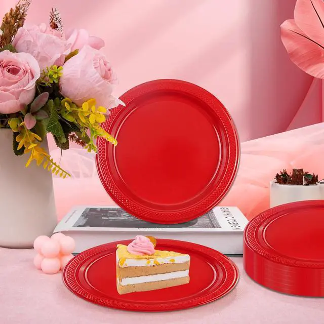 Alt view image 4 of 7 - 50 PCS Red Plastic Plates, 7 Inch Disposable Dessert Plates Cake Plates for Wedding Birthday Christmas Party Supplies (Red, 7 Inch)