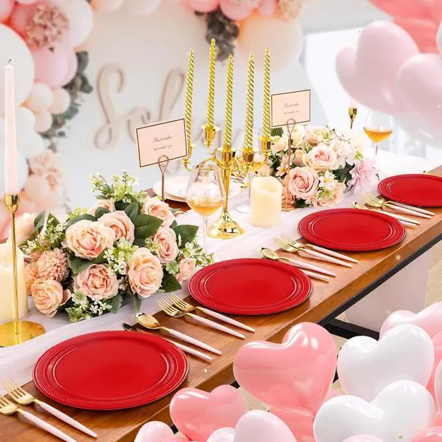 Alt view image 6 of 7 - 50 PCS Red Plastic Plates, 7 Inch Disposable Dessert Plates Cake Plates for Wedding Birthday Christmas Party Supplies (Red, 7 Inch)