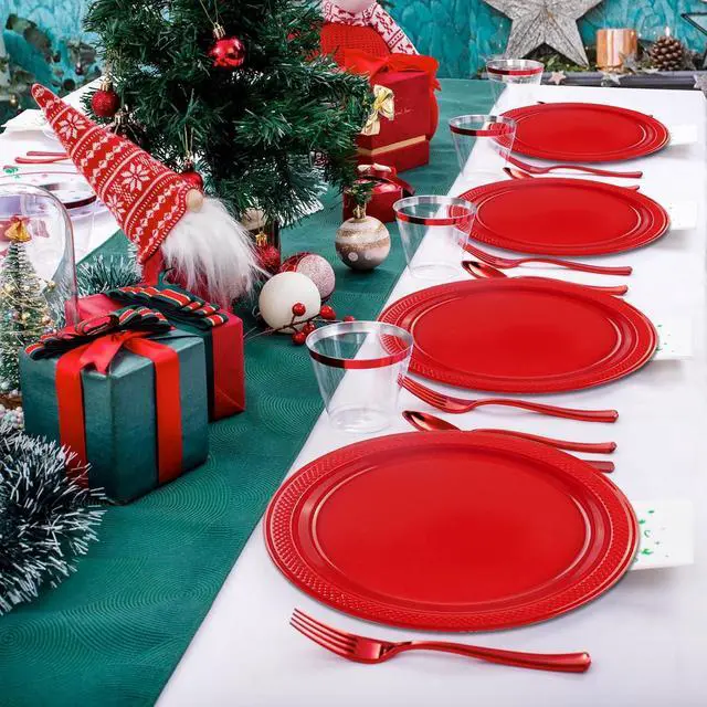 Alt view image 7 of 7 - 50 PCS Red Plastic Plates, 7 Inch Disposable Dessert Plates Cake Plates for Wedding Birthday Christmas Party Supplies (Red, 7 Inch)