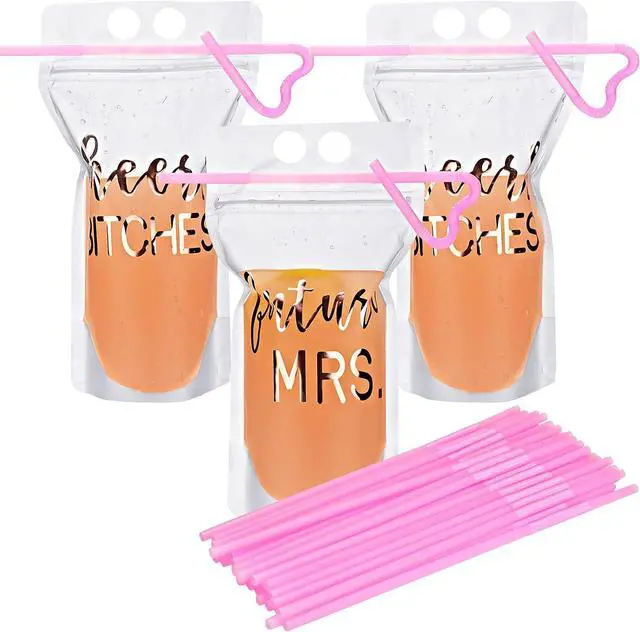 Main image of Patelai 16 Pcs Bachelorette Drink Pouch Cup with Straw 17 Oz Disposable Juice Pouches Disposable Cups for Weddings and Bridal Showers(Classic Style)