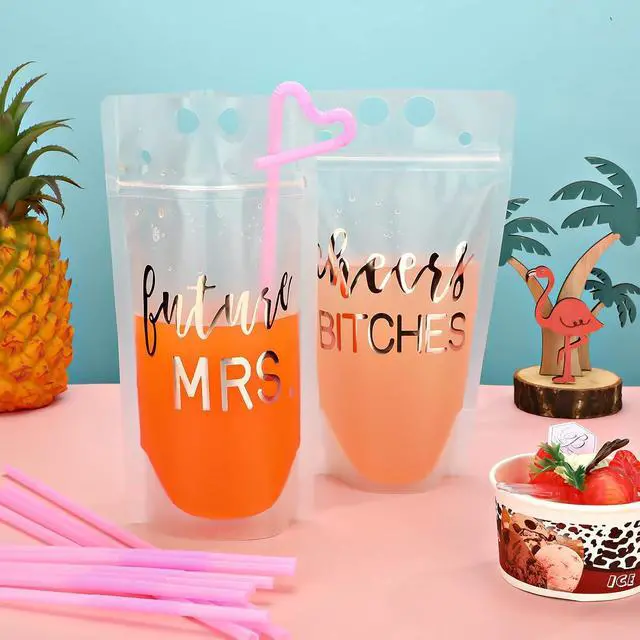 Alt view image 2 of 7 - Patelai 16 Pcs Bachelorette Drink Pouch Cup with Straw 17 Oz Disposable Juice Pouches Disposable Cups for Weddings and Bridal Showers(Classic Style)