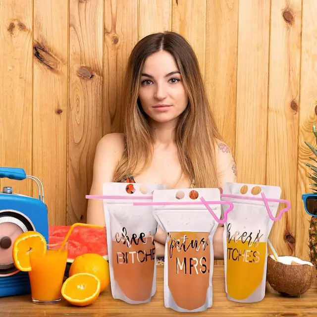 Alt view image 4 of 7 - Patelai 16 Pcs Bachelorette Drink Pouch Cup with Straw 17 Oz Disposable Juice Pouches Disposable Cups for Weddings and Bridal Showers(Classic Style)