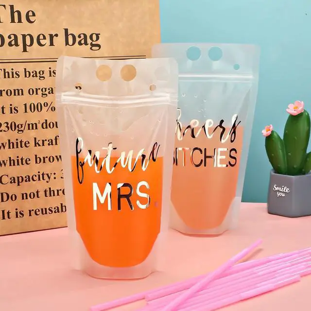 Alt view image 6 of 7 - Patelai 16 Pcs Bachelorette Drink Pouch Cup with Straw 17 Oz Disposable Juice Pouches Disposable Cups for Weddings and Bridal Showers(Classic Style)
