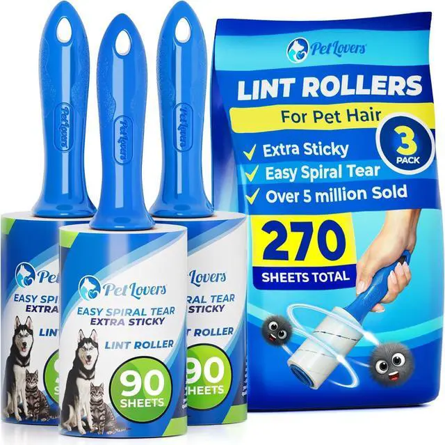 Main image of PetLovers Extra Sticky Lint Roller Value Set 270 Sheets for Pet Hair Removal and Clothes, Dog and Cat Lint Remover, 3 Pack