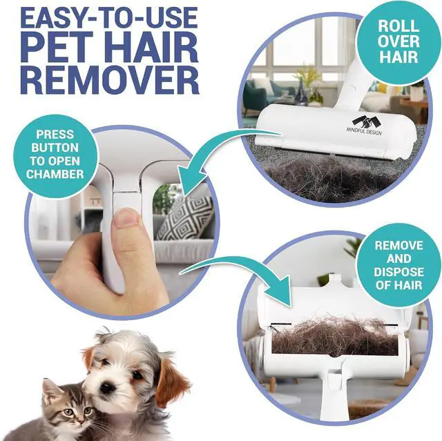 Alt view image 3 of 6 - Mindful Design Roller Pet Hair Remover and Reusable Lint Roller - Cat and Dog Hair Remover for Furniture, Couch, Carpet, Clothing and Bedding - Portable, Multi-Surface Fur Removal Tool