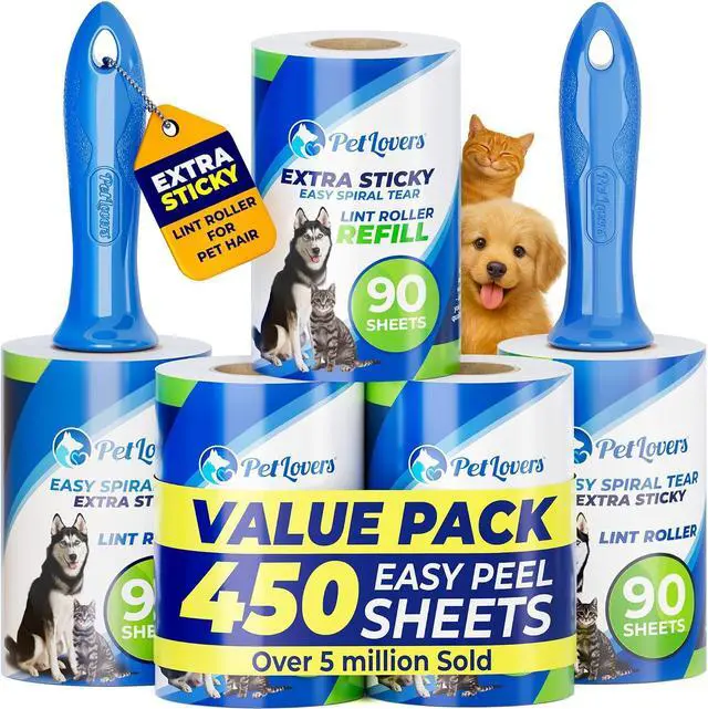 Main image of PetLovers Extra Sticky Lint Roller Mega Value Set 450 Sheets for Pet Hair Removal and Clothes, Dog and Cat Lint Remover 5 Pack