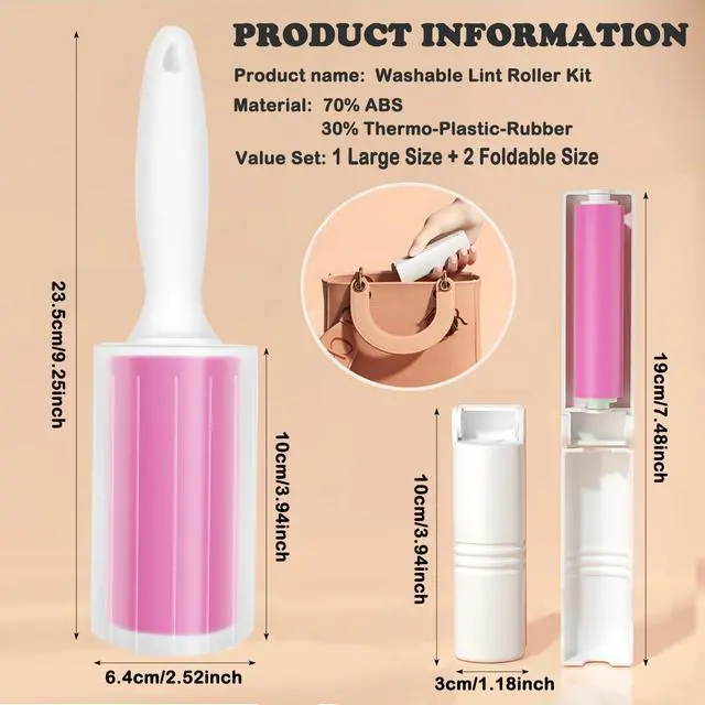 Alt view image 2 of 7 - Washable Gel Lint Roller 3 Pack, Large & Mini Pet Hair Remover, Pink