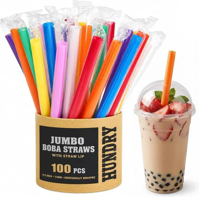Main image of Jumbo Boba Straws 100 Count, 11mm Wide Smoothie Straws Individually Wrapped, Colorful Disposable Plastic Drinking Straws for Bubble Tea, Milkshakes, Smoothies and Parties