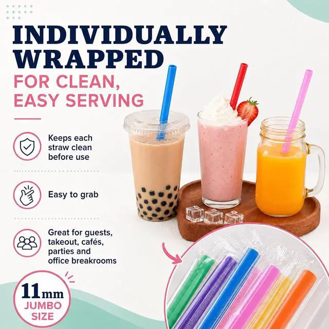 Alt view image 3 of 7 - Jumbo Boba Straws 100 Count, 11mm Wide Smoothie Straws Individually Wrapped, Colorful Disposable Plastic Drinking Straws for Bubble Tea, Milkshakes, Smoothies and Parties