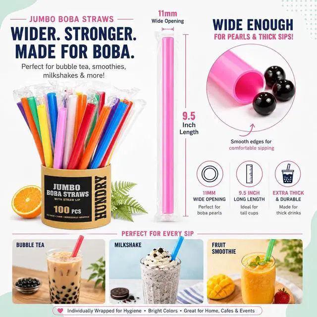 Alt view image 2 of 7 - Jumbo Boba Straws 100 Count, 11mm Wide Smoothie Straws Individually Wrapped, Colorful Disposable Plastic Drinking Straws for Bubble Tea, Milkshakes, Smoothies and Parties