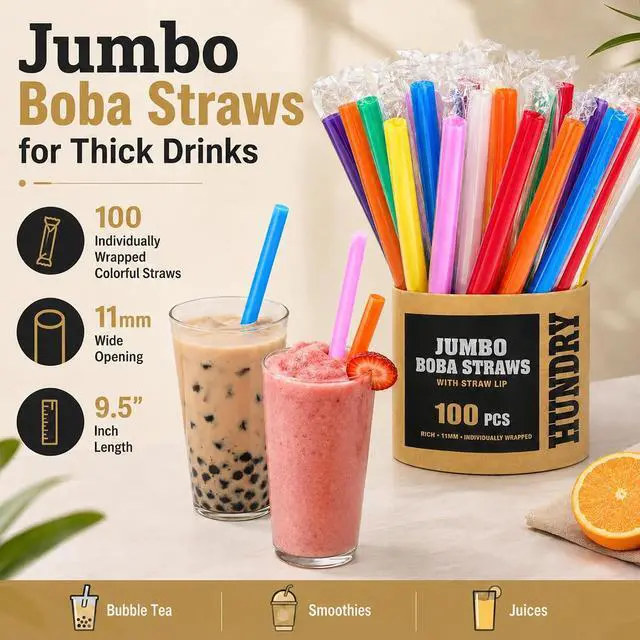 Alt view image 6 of 7 - Jumbo Boba Straws 100 Count, 11mm Wide Smoothie Straws Individually Wrapped, Colorful Disposable Plastic Drinking Straws for Bubble Tea, Milkshakes, Smoothies and Parties