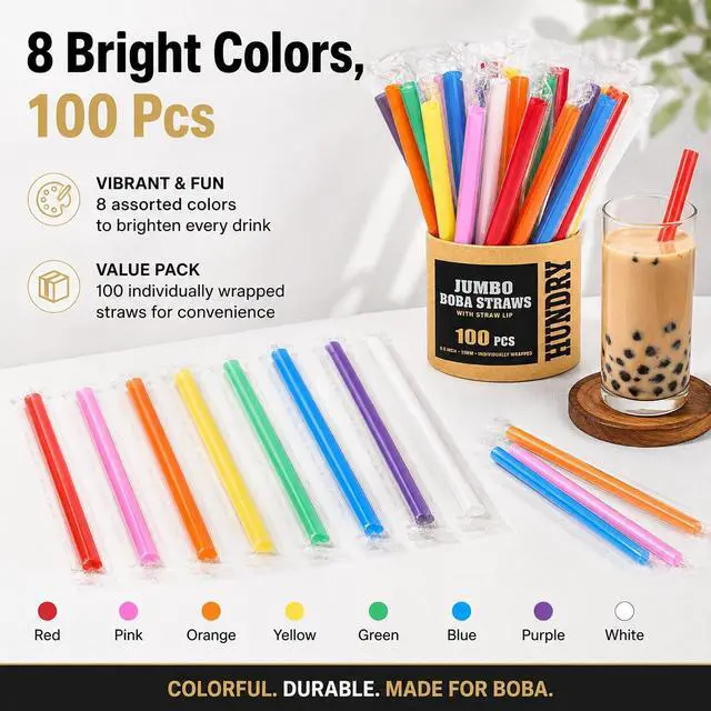 Alt view image 4 of 7 - Jumbo Boba Straws 100 Count, 11mm Wide Smoothie Straws Individually Wrapped, Colorful Disposable Plastic Drinking Straws for Bubble Tea, Milkshakes, Smoothies and Parties