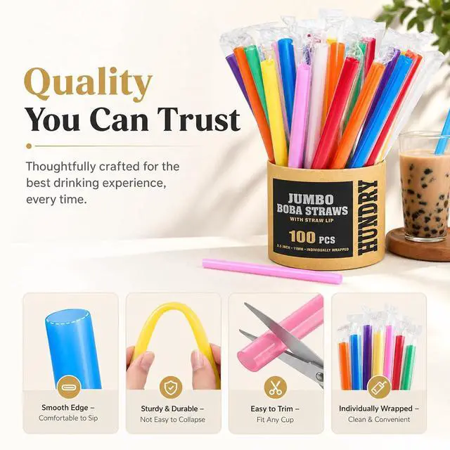 Alt view image 5 of 7 - Jumbo Boba Straws 100 Count, 11mm Wide Smoothie Straws Individually Wrapped, Colorful Disposable Plastic Drinking Straws for Bubble Tea, Milkshakes, Smoothies and Parties