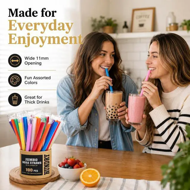 Alt view image 7 of 7 - Jumbo Boba Straws 100 Count, 11mm Wide Smoothie Straws Individually Wrapped, Colorful Disposable Plastic Drinking Straws for Bubble Tea, Milkshakes, Smoothies and Parties