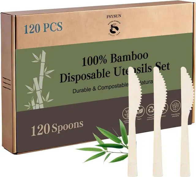 Main image of 100% Compostable Bamboo Knives, 120 Pack Large Disposable Dinner Knives, Heat Resistant Sturdy Utensils for Party, Wedding and Catering